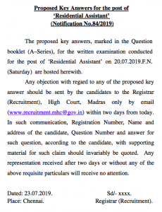 madras hc residential assistant answer key 2023 notice regarding objection