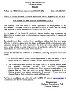 rrc er apprentice RRC-ER/Act Apprentices/2019-20 notice form fill up date extension