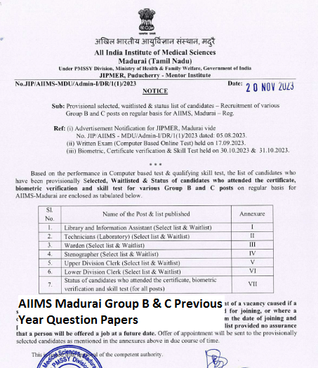 AIIMS Madurai Group B & C Previous Year Question Papers Download PDF