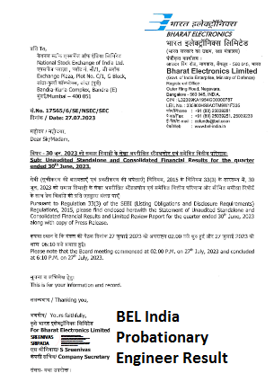 BEL India Probationary Engineer Result