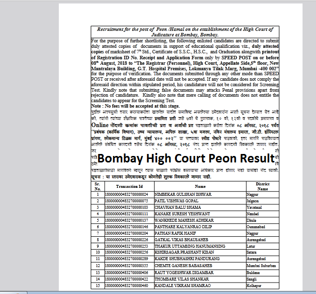 Bombay High Court Peon Result 