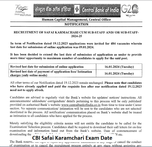 CBI Safai Karamchari Exam Date