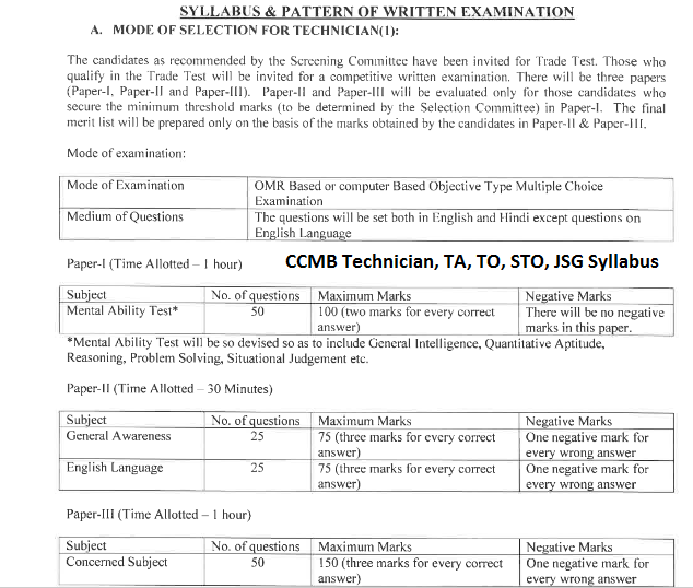CCMB Technician, TA, TO, STO, JSG Syllabus exam pattern