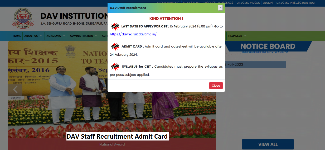 DAV Staff Recruitment Admit Card 2024 Download Exam Date & Hall Ticket