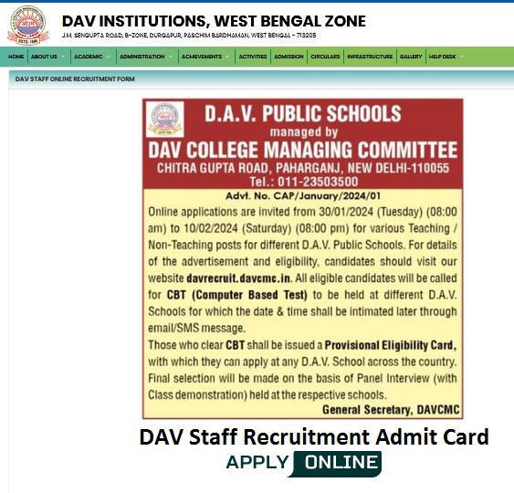 DAV Staff Recruitment Admit Card Download Online