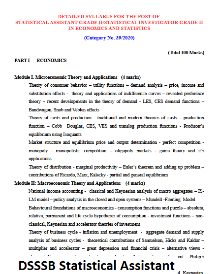 DSSSB Statistical Assistant Syllabus