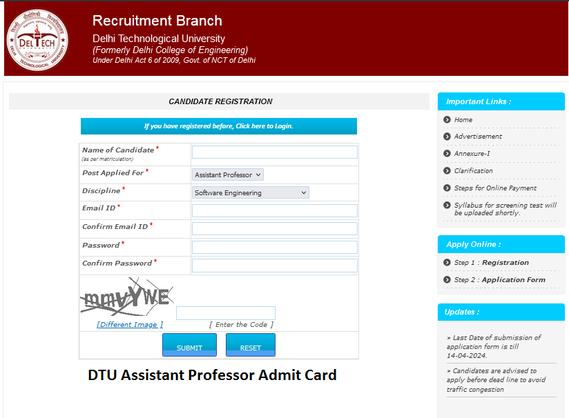 DTU Assistant Professor Admit Card Download Online