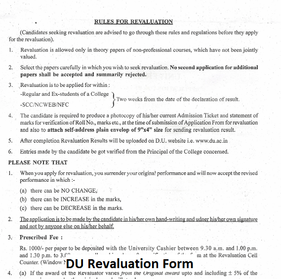 DU Revaluation Form 2024 Download Online BA BSc {Link Out} www.du