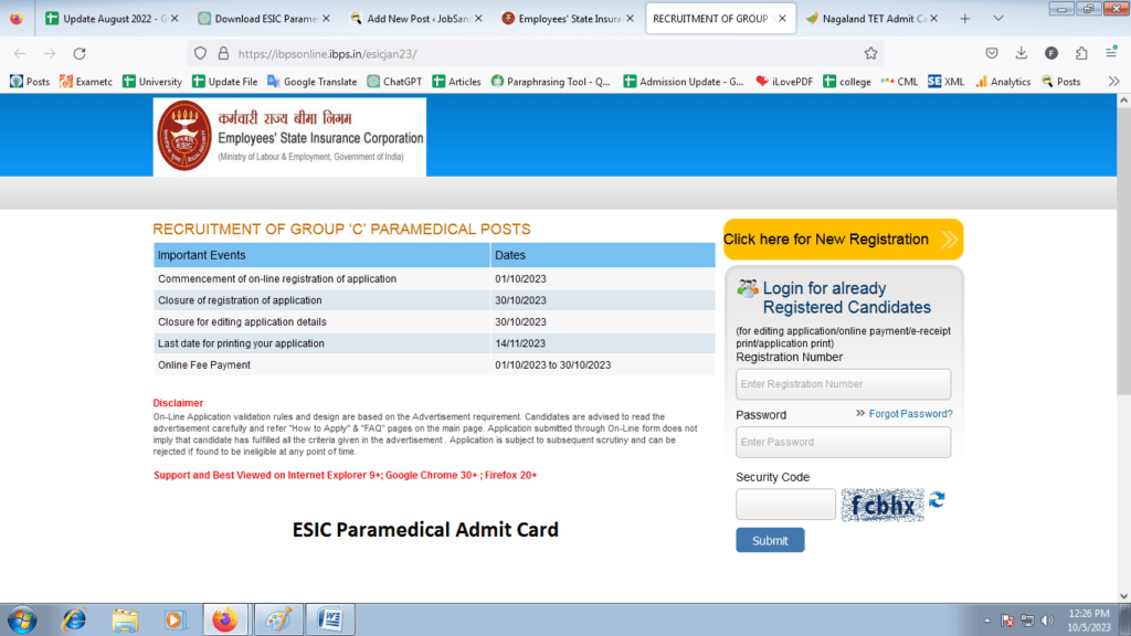 ESIC Paramedical Admit Card