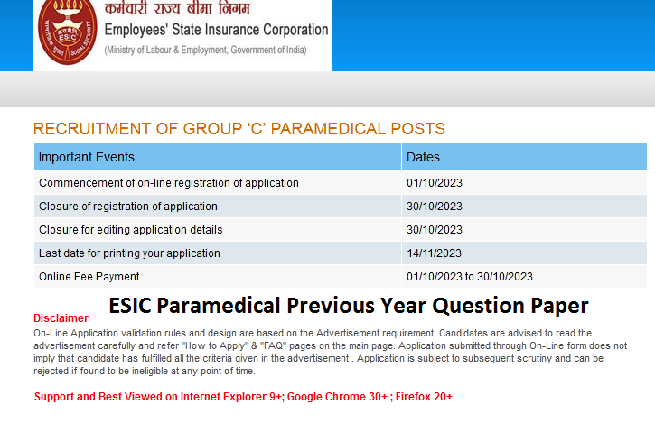 ESIC Paramedical Previous Year Question Paper