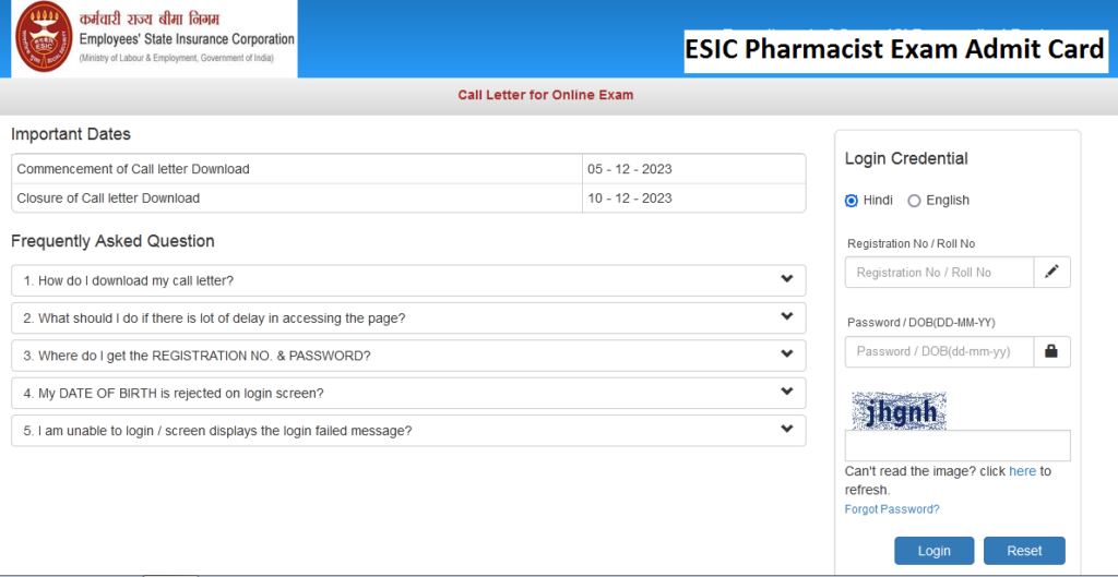 ESIC Pharmacist Exam Admit Card