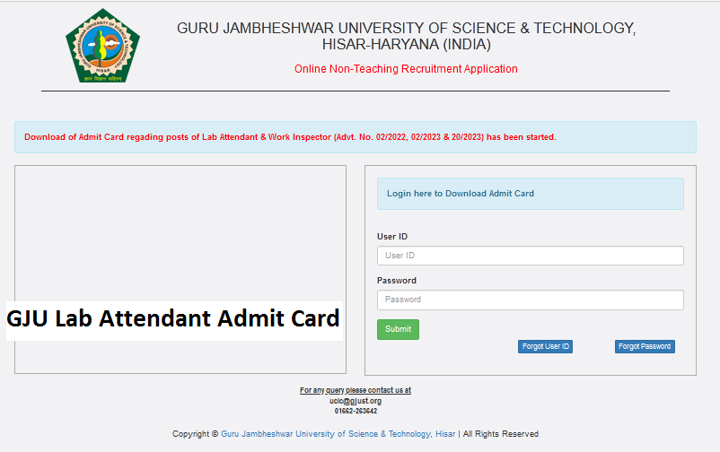GJU Lab Attendant Admit Card Download Online