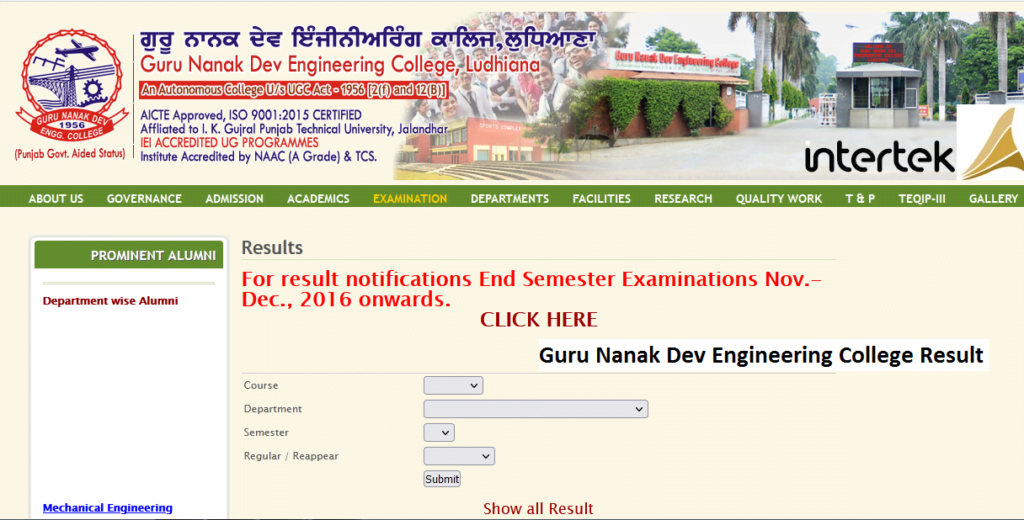 Guru Nanak Dev Engineering College Result