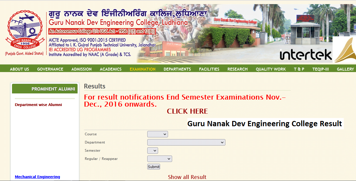 Guru Nanak Dev Engineering College Result 2024 Download UG/PG Marksheet {All Sem wise}