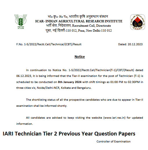 IARI Technician Tier 2 Previous Year Question Papers download PDF