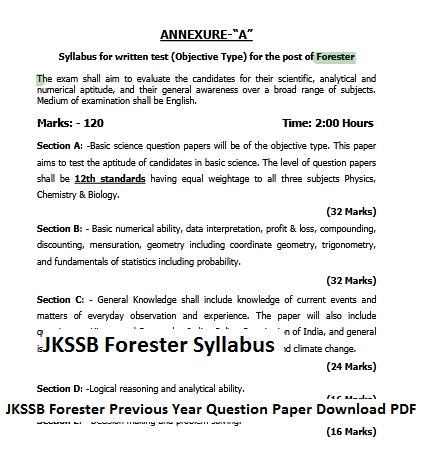 JKSSB Forester Previous Year Question Paper Download PDF