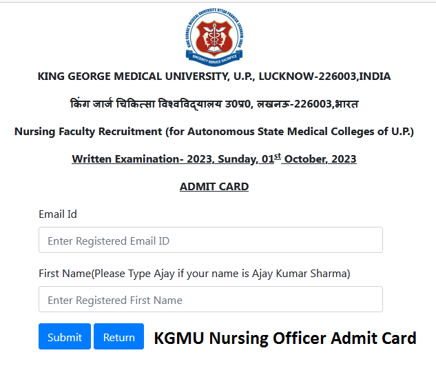 KGMU Staff Nurse Admit Card