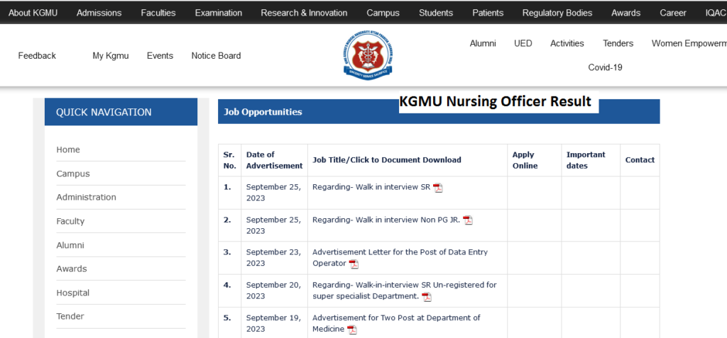 KGMU Nursing Officer Result 