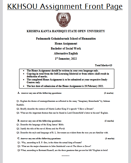 KKHSOU Assignment Front Page
