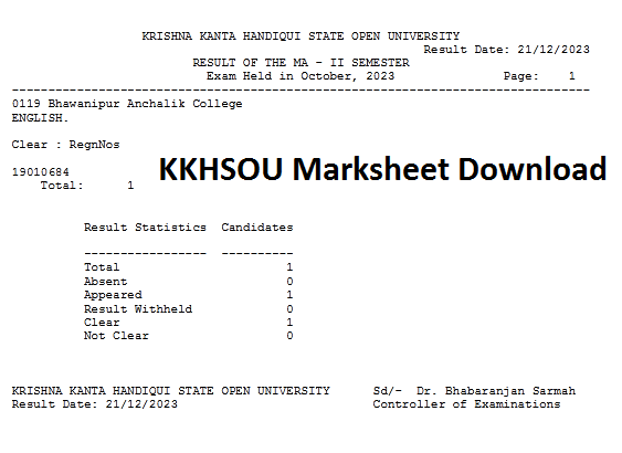 KKHSOU Marksheet Download online