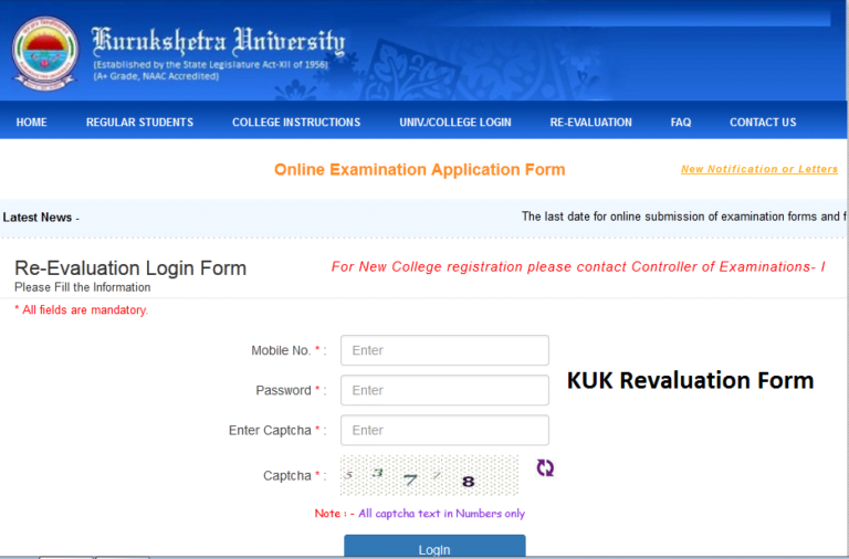 KUK Revaluation Form 2024 Online Download UG PG {All Semester} www.kuk