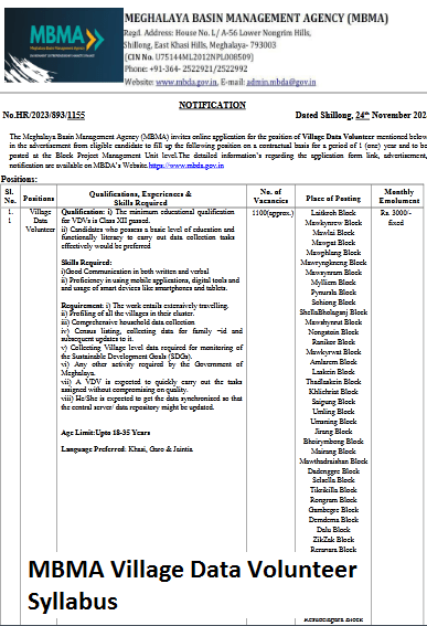 MBMA Village Data Volunteer Syllabus Exam pattern Download Online