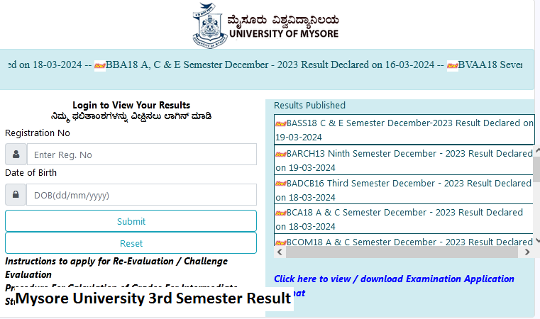 Mysore University 3rd Semester Result Download Online