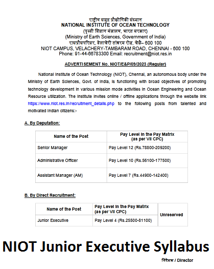 NIOT Junior Executive Syllabus 2024 Exam Pattern Download PDF