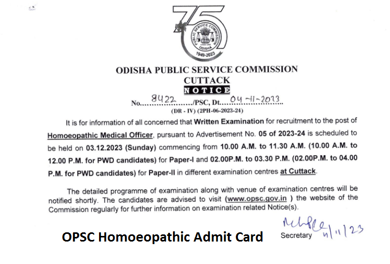 OPSC Homoeopathic Admit Card 