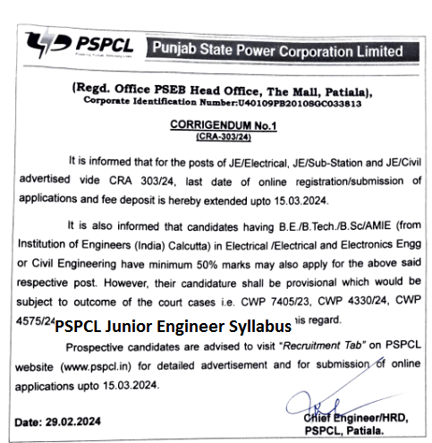 PSPCL Junior Engineer Syllabus 2024 Exam Pattern Download PDF