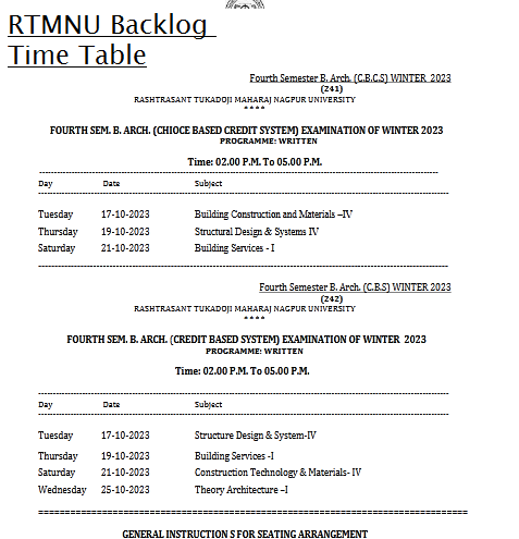 RTMNU Backlog Time Table 2024 Download UG PG 1st 3rd & 5th Semester ...