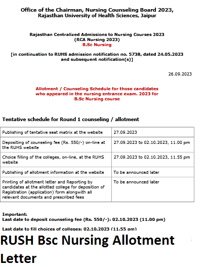RUSH Bsc Nursing Allotment Letter 2023-24