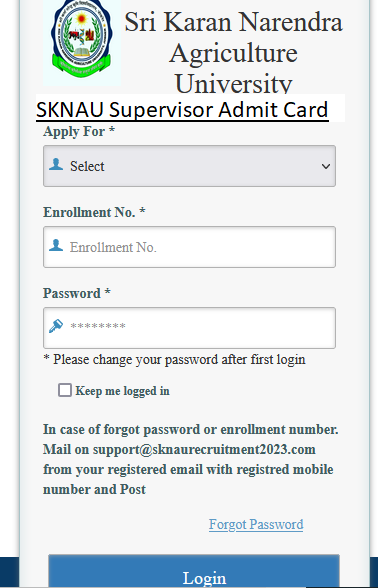 SKNAU Supervisor Admit Card