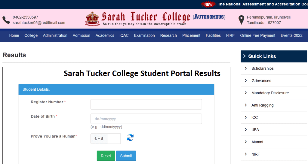 Sarah Tucker College Student Portal Results