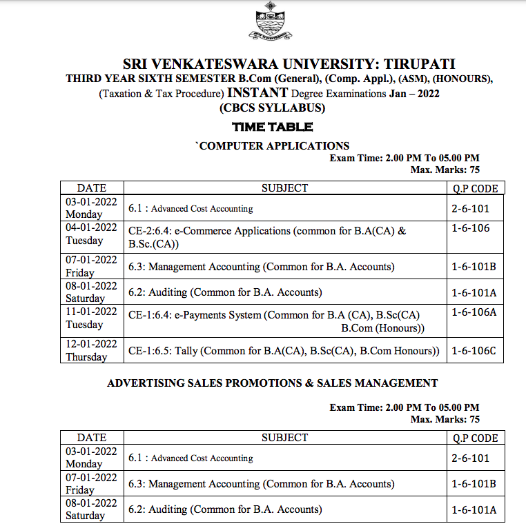 SV University Time Table 2023 ; SVU Degree Semester 