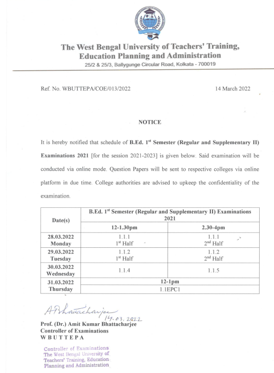 WBUTTEPA Routine 2023; B.Ed 1st Semester Exam Date Notice {Published}