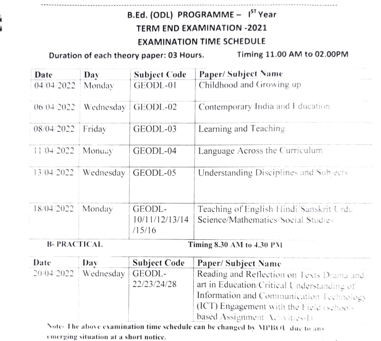 MP Bhoj Open University Time Table 2023 BA BSc BCom Exam Date Out MP Bhoj Open University Time Table 2023 BA BSc BCom Exam Date Out