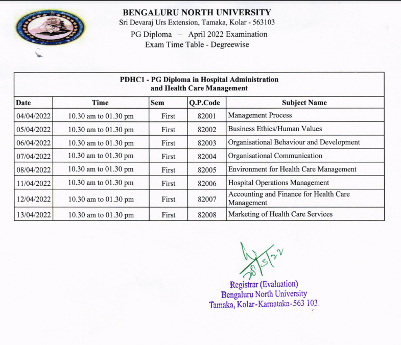 Bangalore North University Time Table 2022 | bnu.ac.in 
