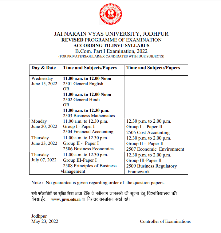 JNVU Time Table 2023 Download