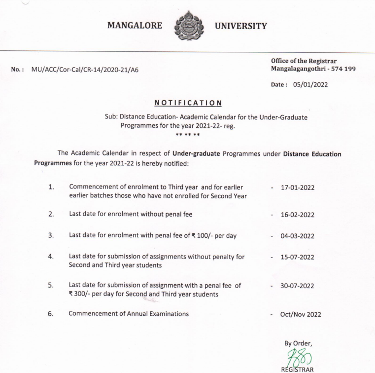 Mangalore University Time Table 