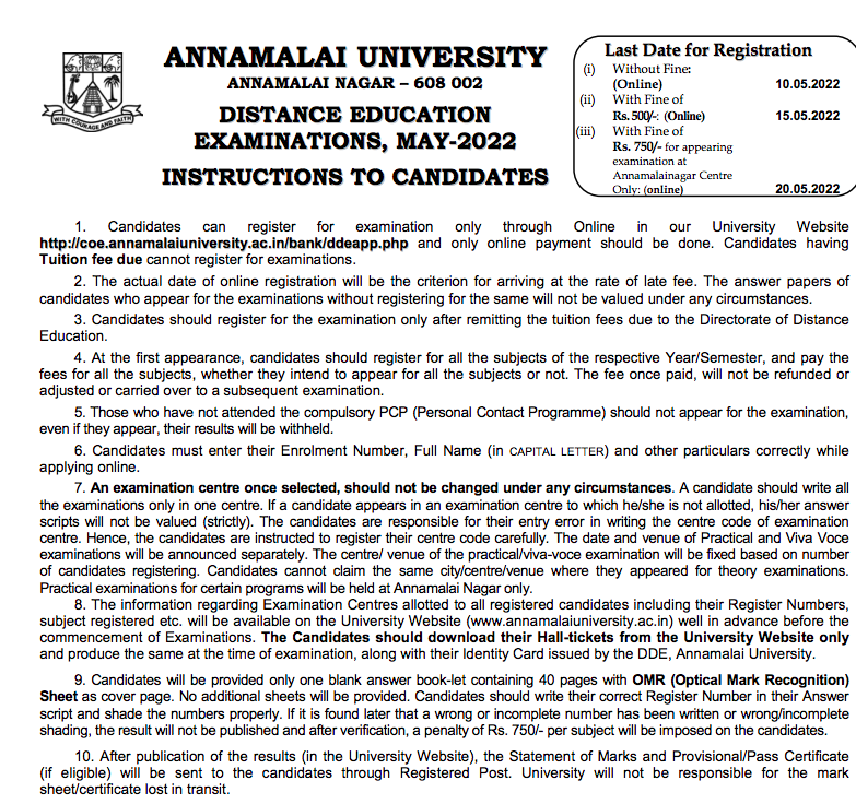 Annamalai University DDE Exam Time Table 2023