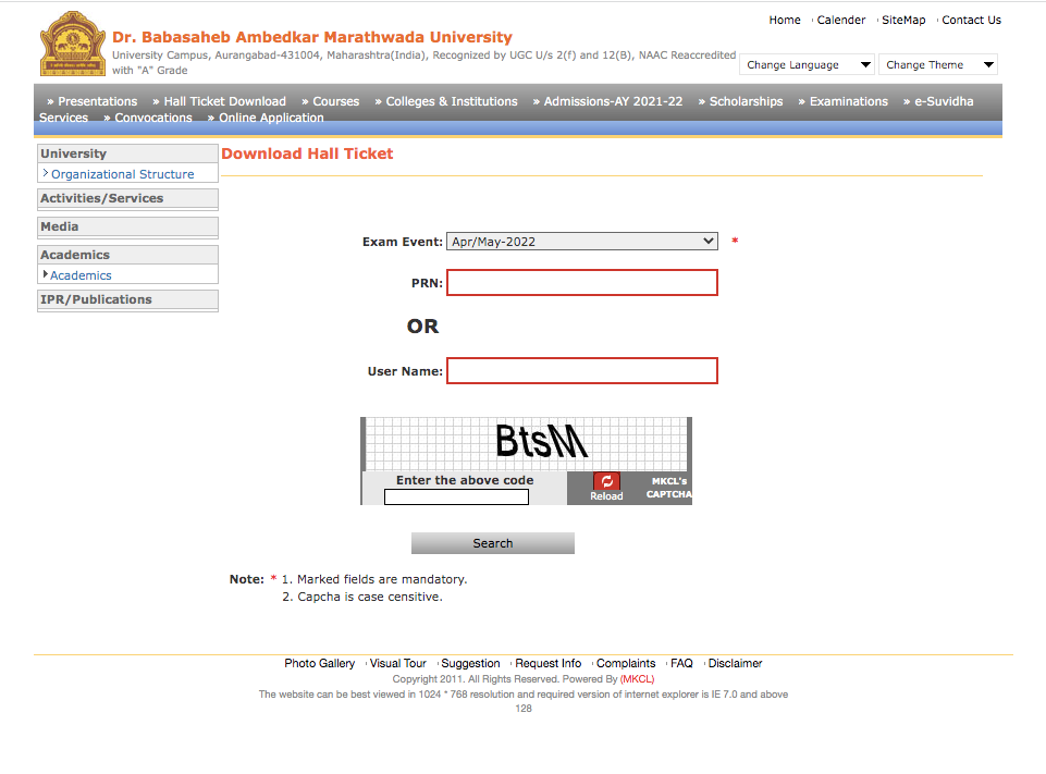 BAMU Hall Ticket for BA BSc BCom MA MSc MCom Sem Exam 2024 download