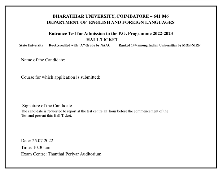 Bharathiar University Hall Ticket 2022 ; 