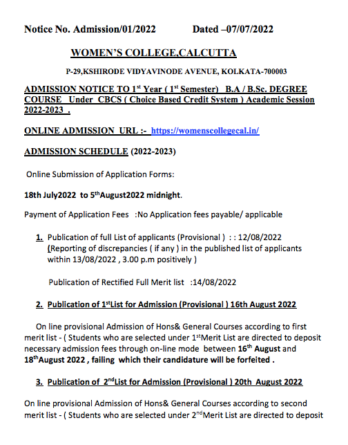 Women's College Calcutta Merit List 2024; Download Admission List {Released}