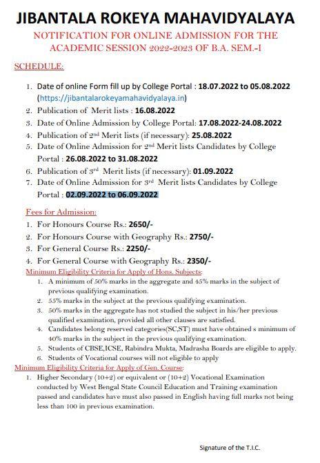 Jibantala Rokeya Mahavidyalaya Merit list 2023 | Admission BA BSc Honours General {Published}