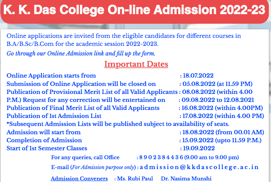 KK Das College Merit List 2024; Admission List download pdf provisional and final