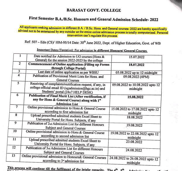 Barasat Govt College Merit List 2023 2nd Admission List BA BSc BCom