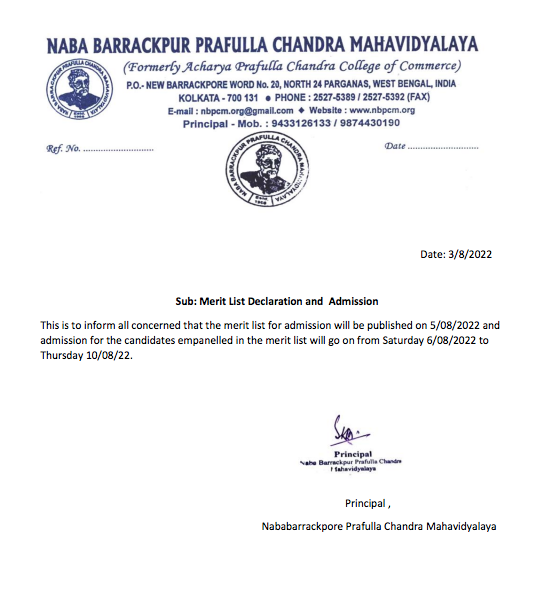 Naba Barrackpore Prafulla Chandra College Merit List 2024 ; Provisional List Online (Released)