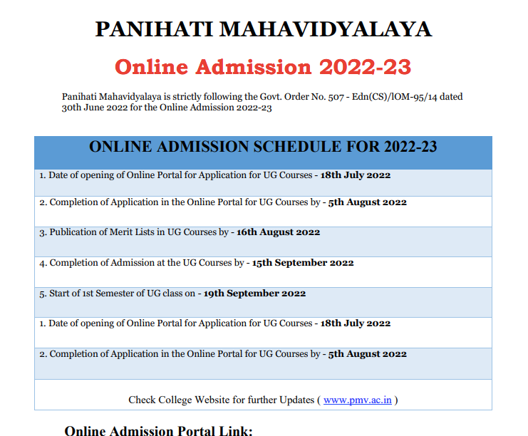 Panihati College Admission Schedule 2024-25