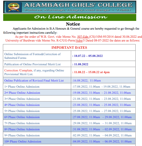 Arambagh Girls' College Merit List 2024| Admission List {out} Download